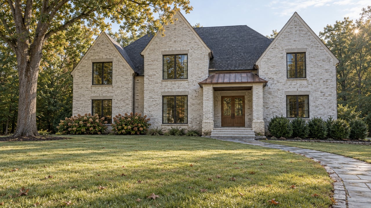Pale brick gabled home beyond a broad dew-covered lawn, with a mature white oak and a curving stone entrance walk.