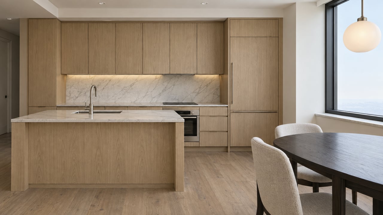 Light-filled condo kitchen with white oak cabinetry, a honed marble island, and an oak dining table beside closed black-framed glazing.
