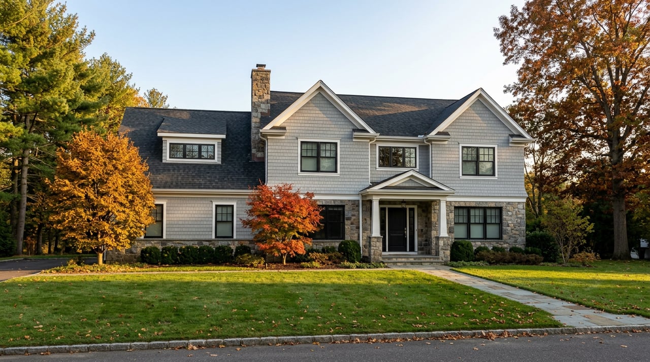 Two-story gray-shingled home with stone base, autumn trees, and bluestone walk across a broad lawn.