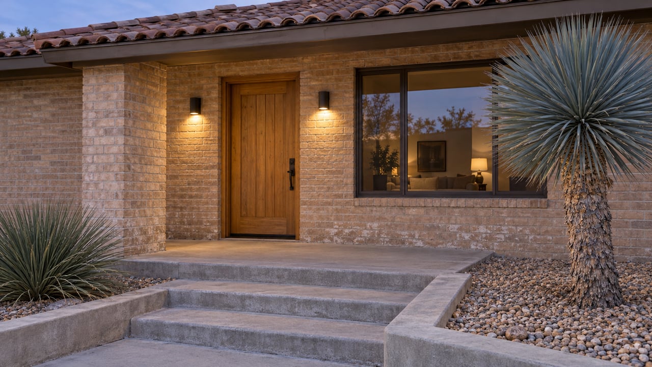 Dusk view of a brick home's sheltered wooden front door, clay tile roof, concrete steps and sculptural desert planting.