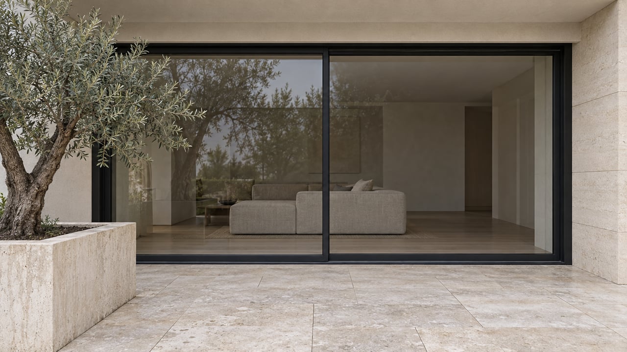 Quiet limestone terrace with an olive tree, ivory stucco and black-framed glass doors into an oak-floored living room.