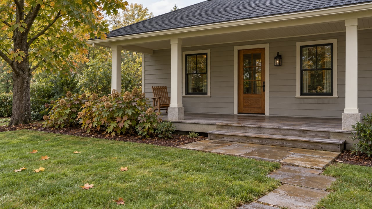Updated bungalow with a covered timber back porch, stone landing, and autumn garden beside a mature maple.