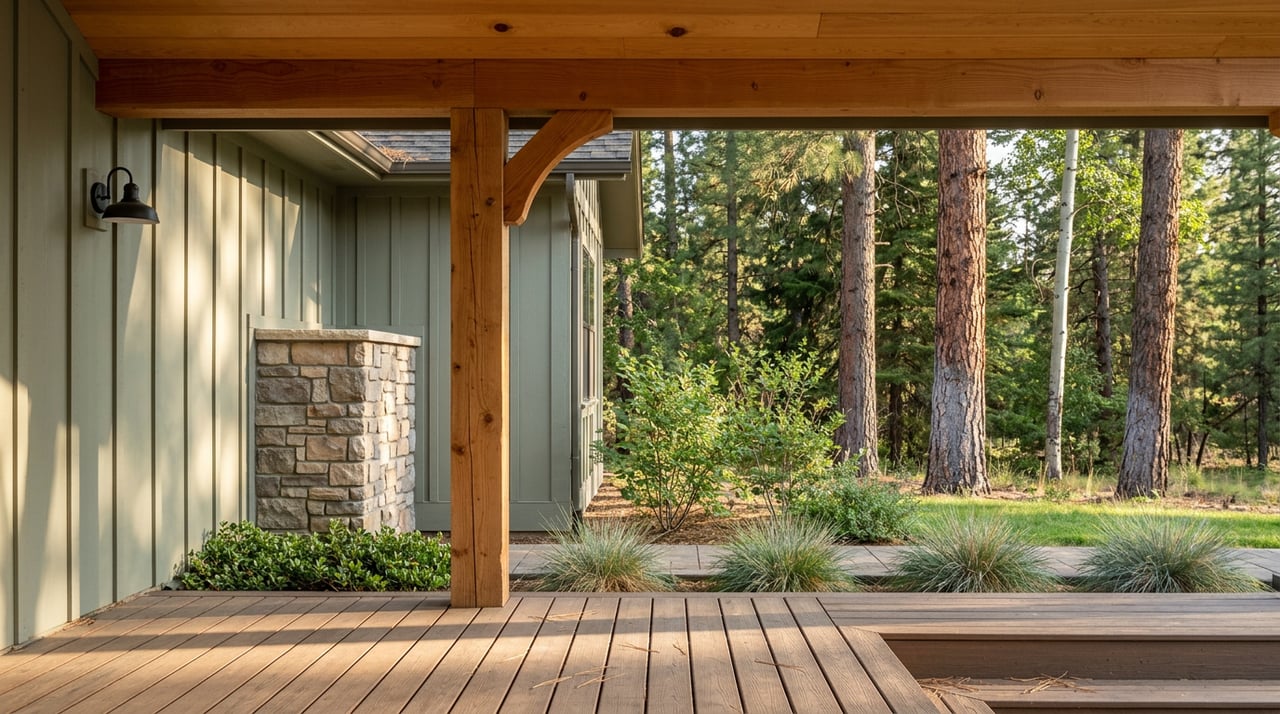 Covered timber porch with stone column, sage-green siding, and sunlit conifers beyond.