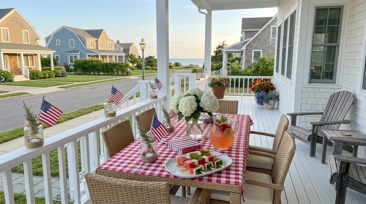 Fourth of July porch tablescape on the CT Shoreline featuring red gingham tablecloth, white hydrangeas, mason jar lanterns with American flags, sparkling lemonade, and watermelon feta skewers — lifestyle inspiration from CT REALTOR® Heidi DeRusso of Coldwell Banker Realty serving Guilford and Madison CT.