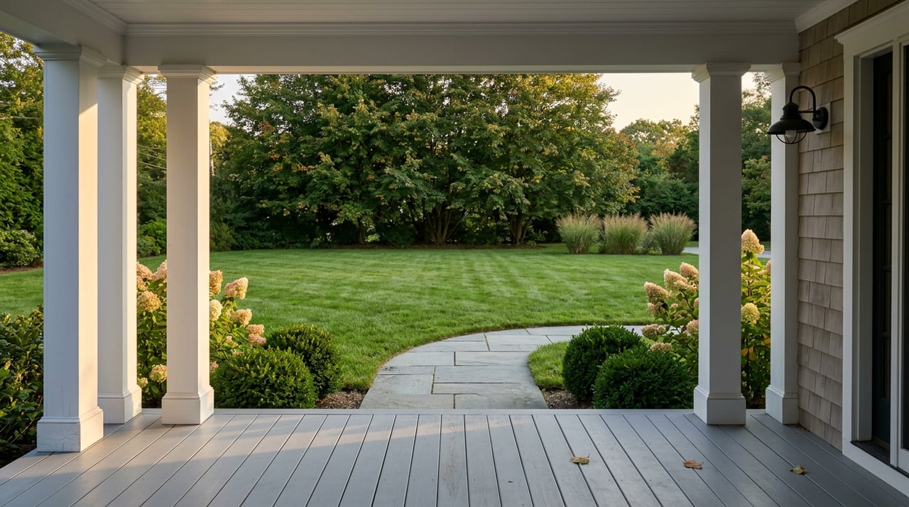 Porch columns frame a striped lawn and curving stone path beneath a broad tree canopy.