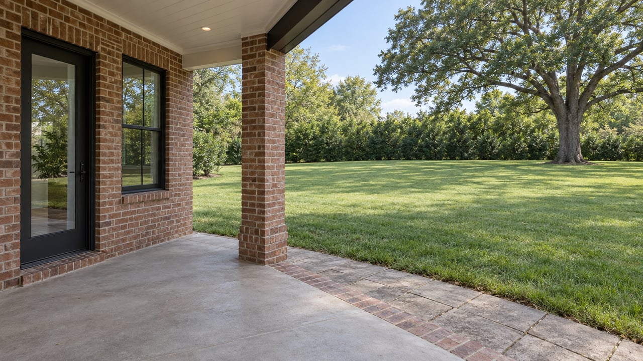 Brick rear porch with black-framed glass door, concrete step, and broad lawn reaching a mature oak.