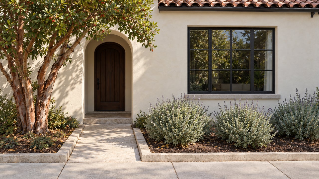 Stucco home with an arched oak doorway, divided-light window, and compact garden of silver-green plants.