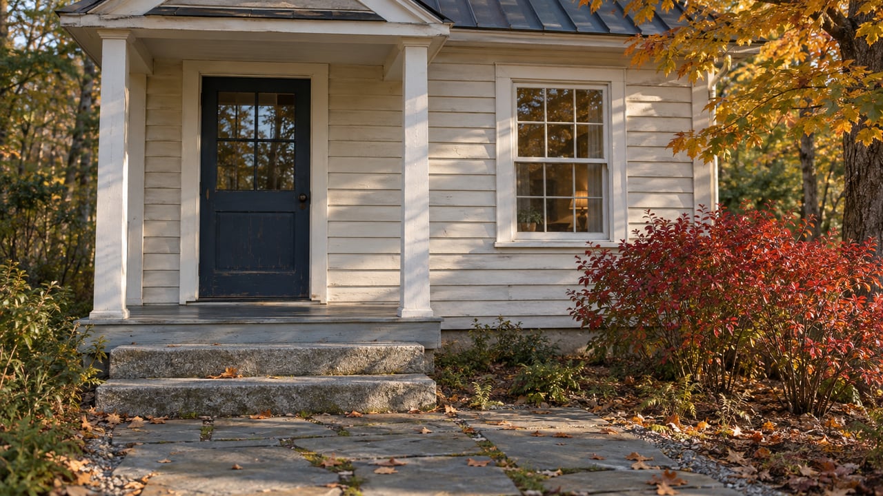 Off-white cottage with a dark-blue entry door, granite steps, and bluestone path beneath amber foliage.