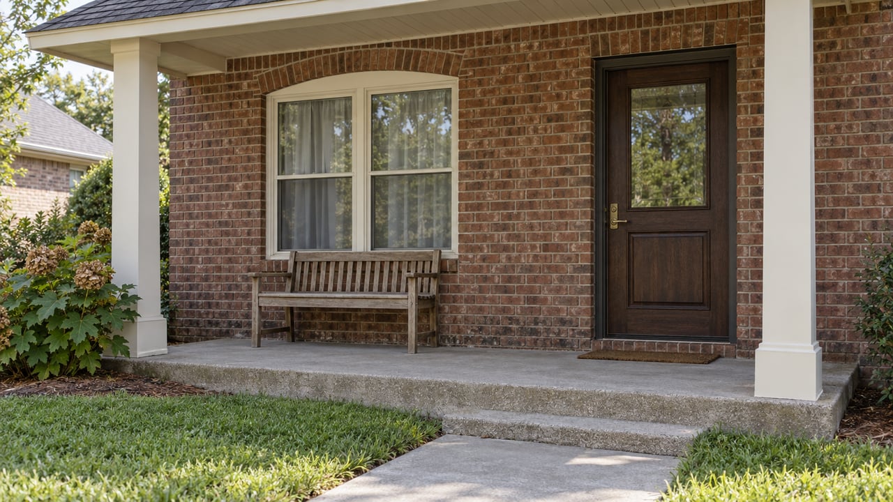 Red-brown brick home entry with a shaded oak bench, cream-framed window and a concrete step bordered by lawn and oakleaf hydrangea.