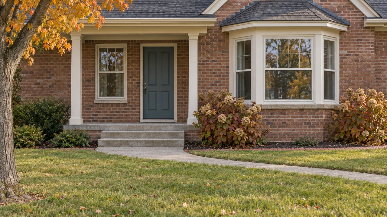 Brick house with a covered entry, dark green door, and autumn leaves.