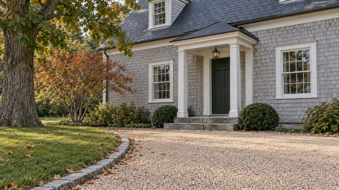 Pale gray-shingled house with a dark green door, gravel court, stone steps, and sparse autumn foliage.