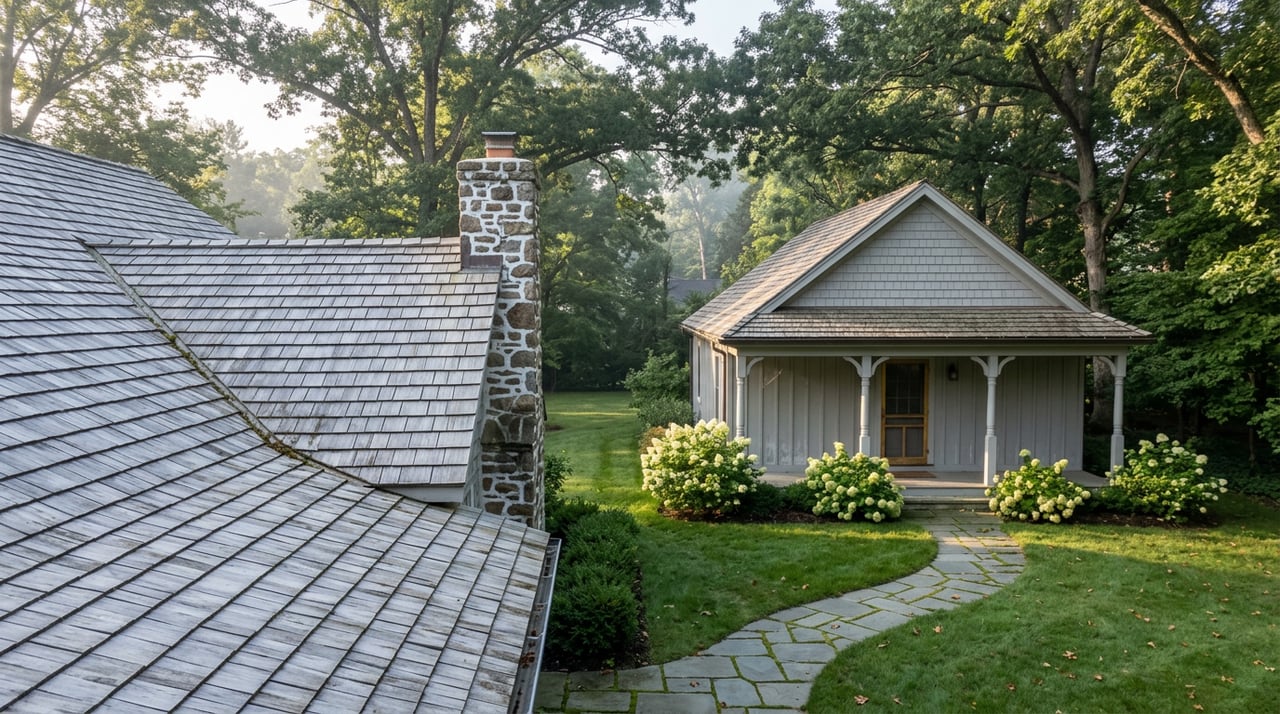 Fieldstone chimney rises above a shingled roof, facing a gray carriage house across an oak-shaded lawn.