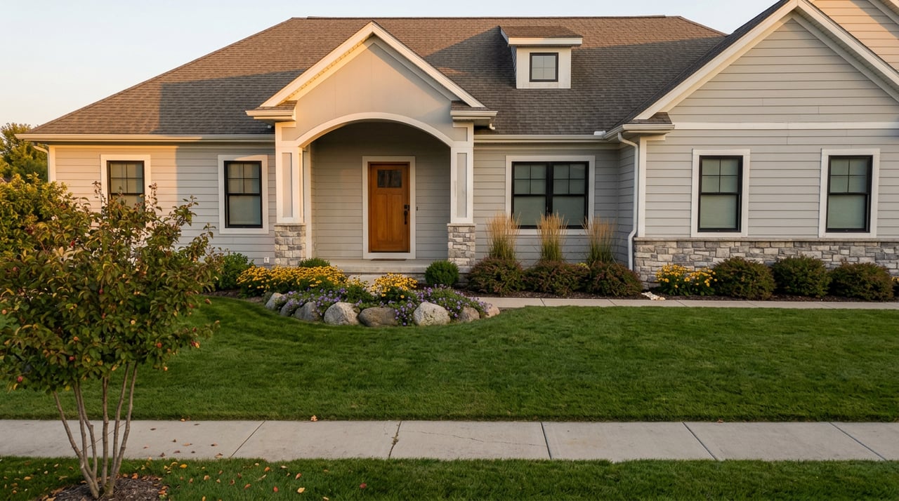 Light gray home with an arched stone-based porch, flowering plants, and long golden-hour shadows across the lawn.
