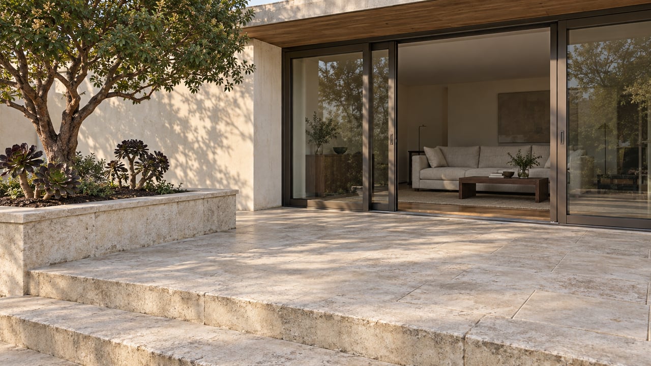 Late-afternoon light on a limestone terrace with a sculptural strawberry tree, ivory plaster walls and bronze-framed glass doors.