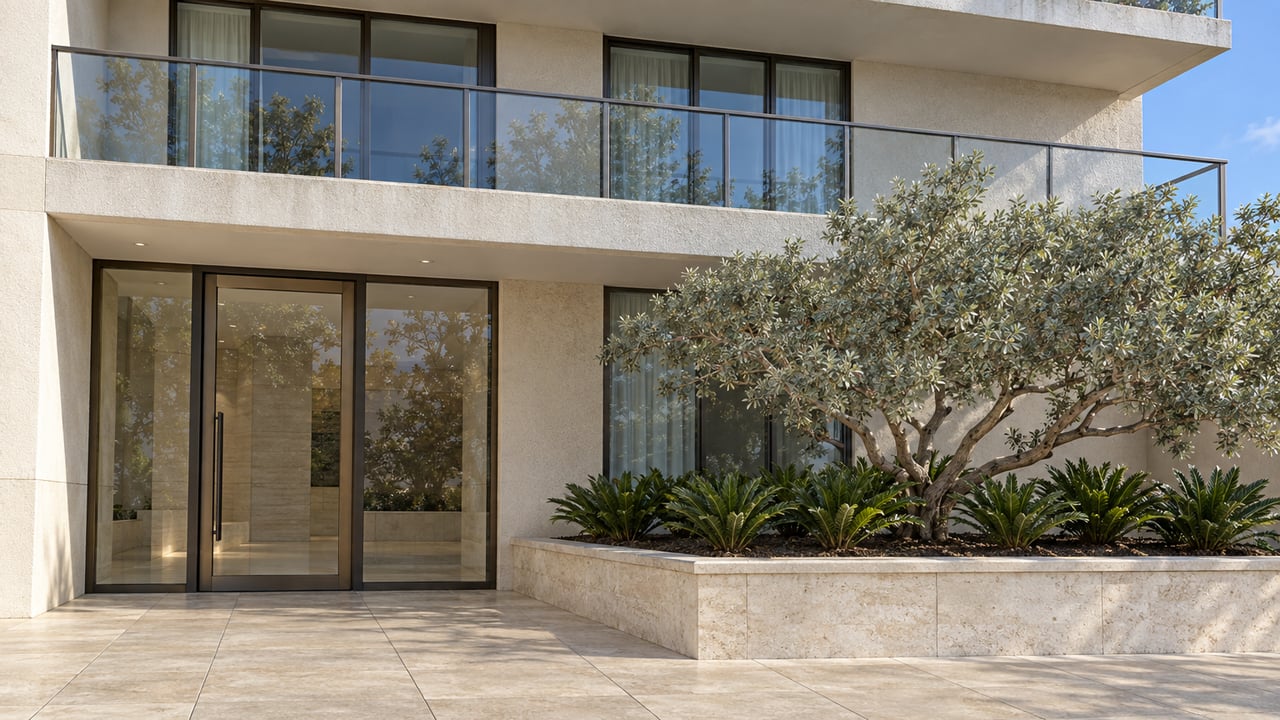 Pale condominium facade with stacked glass balconies, a glazed bronze-framed entrance and a raised silver buttonwood planter beside a paved forecourt.