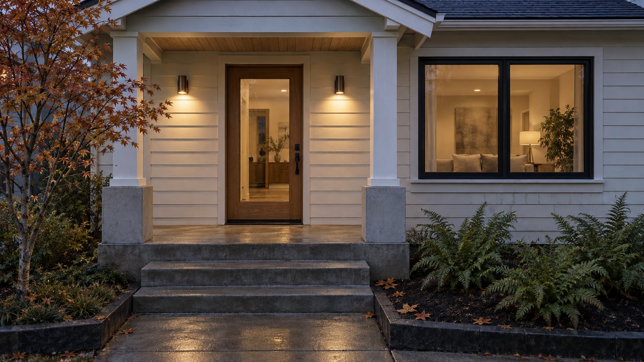 An illuminated porch on a light-sided gabled home, with damp concrete steps and a small autumn garden at blue hour.