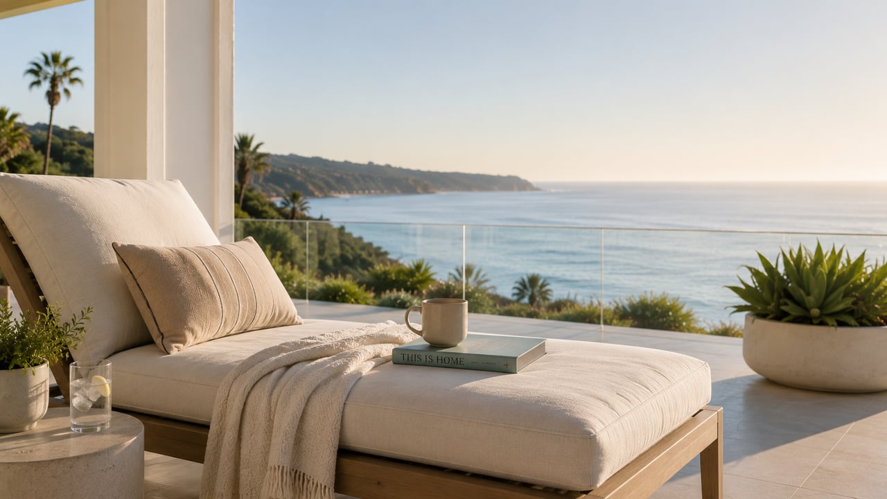 Coastal San Diego patio lounge overlooking the ocean