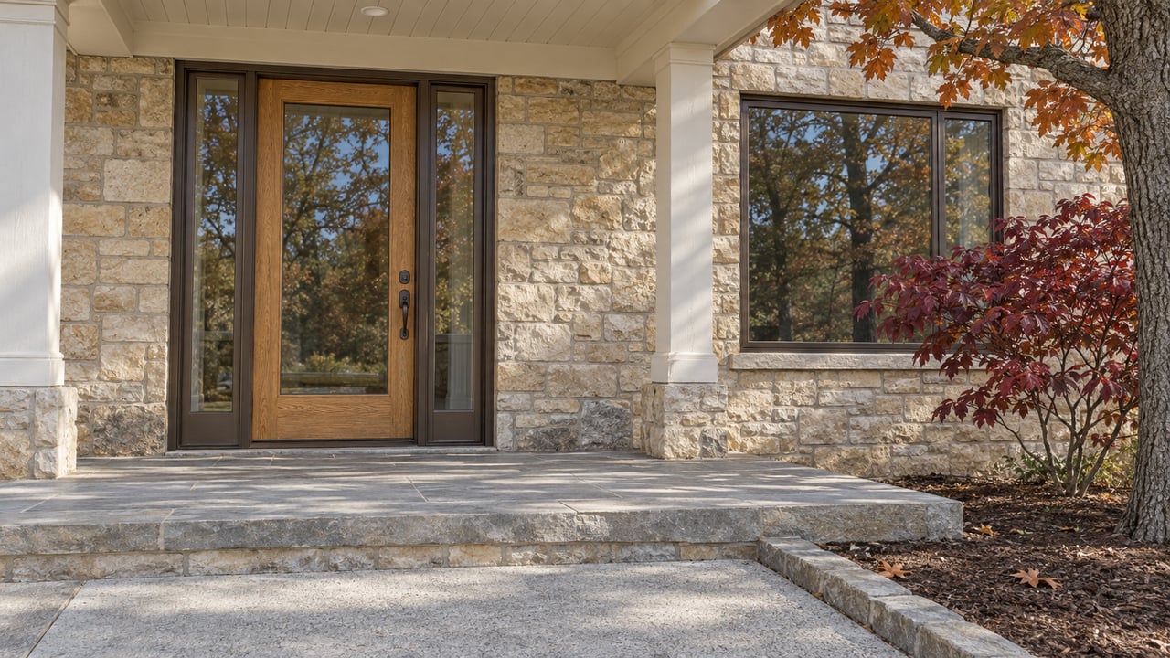Autumn light across a limestone home entry with a glazed oak door, white trim, and burgundy dogwood leaves.