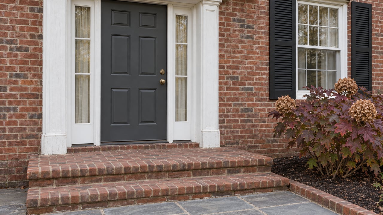 Red brick home entry with a charcoal door, paired white sidelights, brick steps and burgundy oakleaf hydrangea.