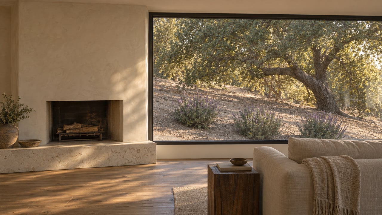 Living room with a limewashed fireplace, oak floors, and a picture window framing a mature oak on a dry slope.