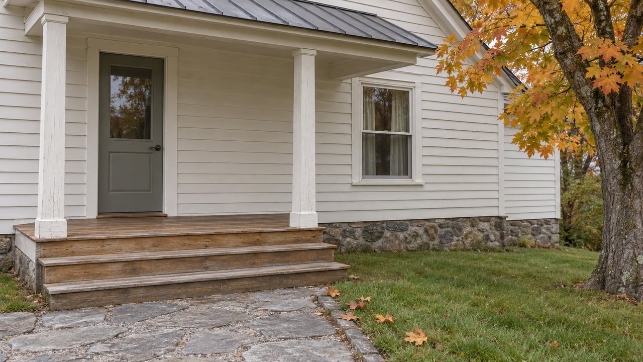 An off-white clapboard home with a weathered timber porch, stone approach and amber sugar maple foliage.