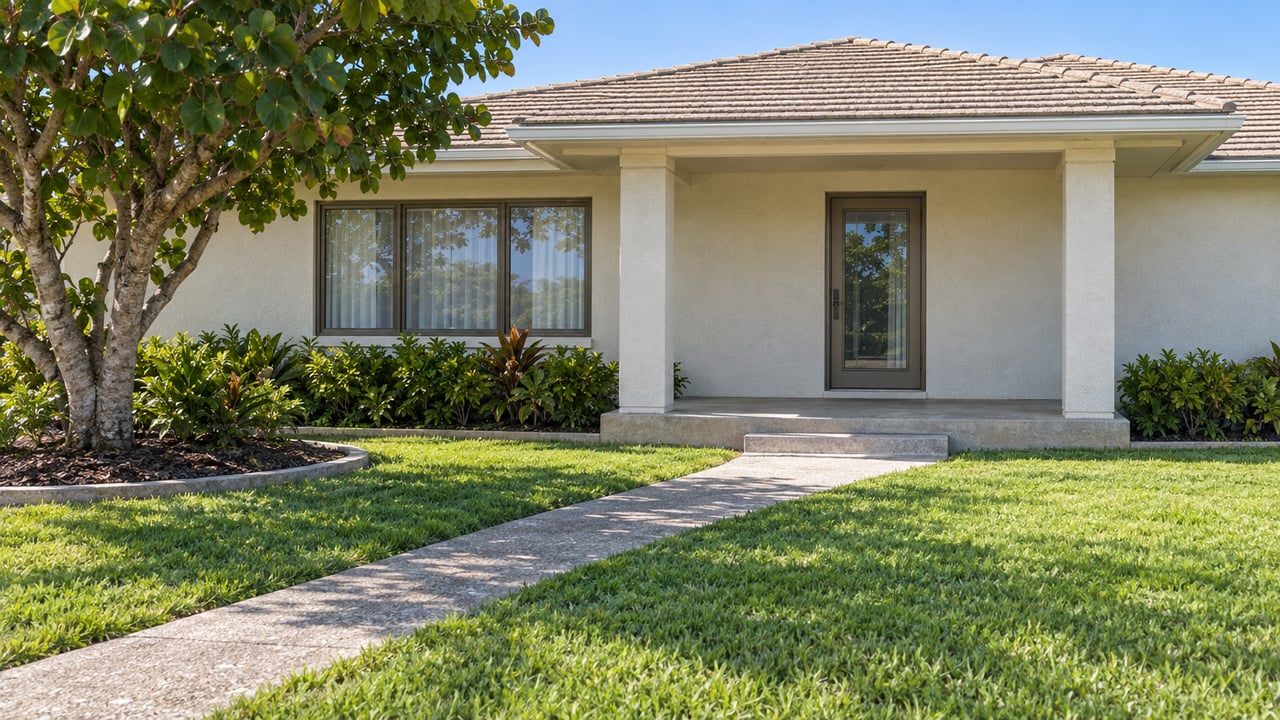 Pale stucco single-story home with a shallow tiled roof, bronze-framed windows, a recessed entry and a deep green front lawn.