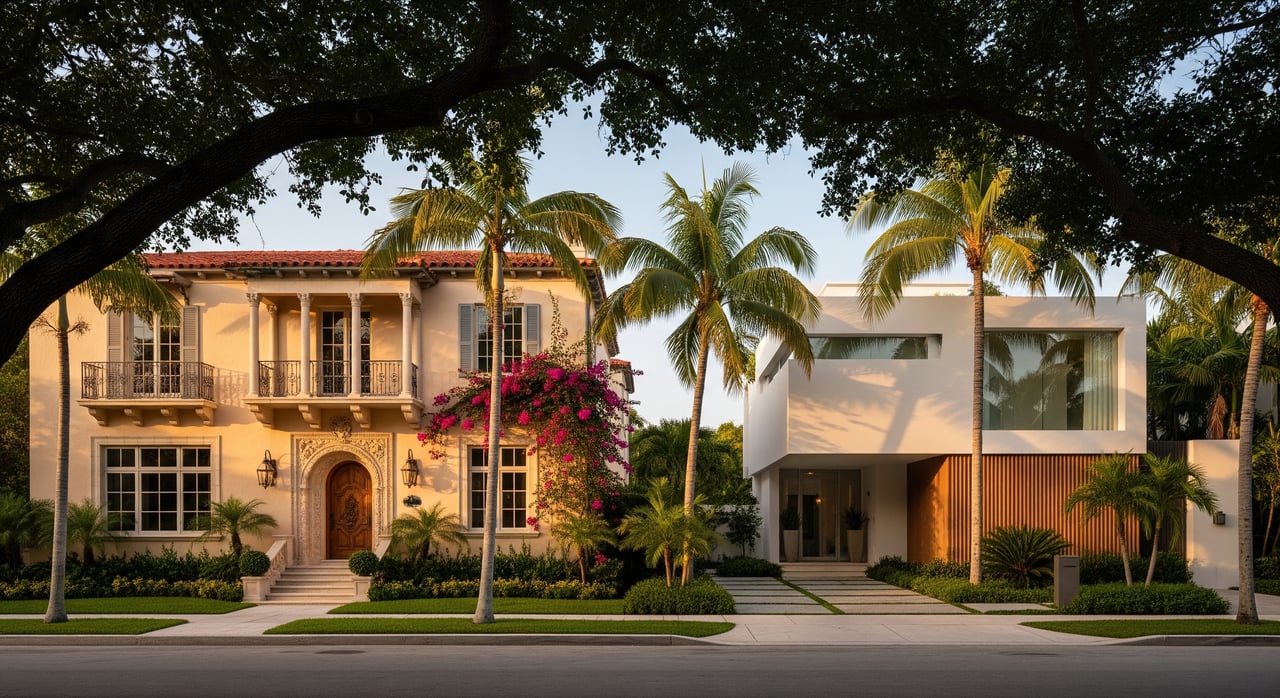 Two neighboring homes framed by an arching tree canopy, with palms and pink bougainvillea.
