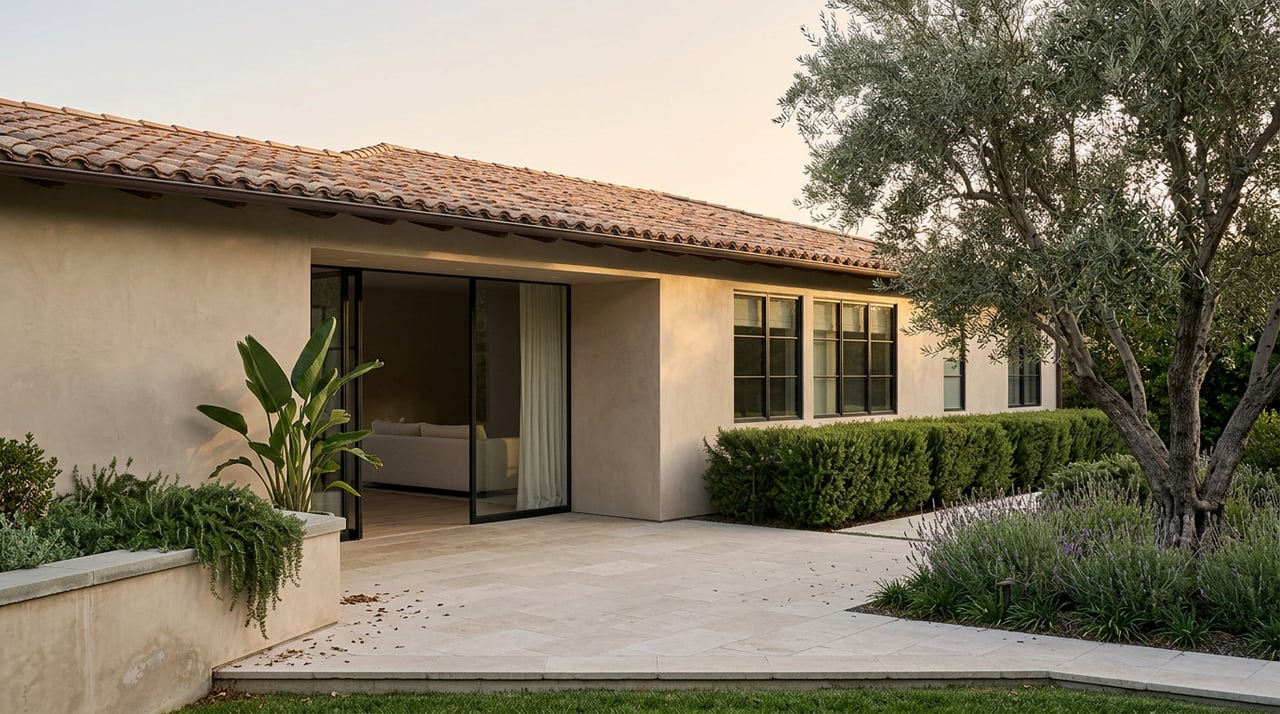 Single-story hillside home with sand-toned plaster, terra-cotta roof, limestone terrace, and olive tree.