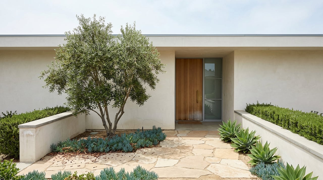 Modern off-white home with a weathered cedar door, flagstone path, and asymmetrical olive tree in its front garden.