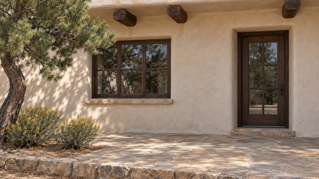 Hand-finished plaster home with deep-set wood-framed glazing, weathered timber roof beams and a stone terrace beside a mature pinyon pine.