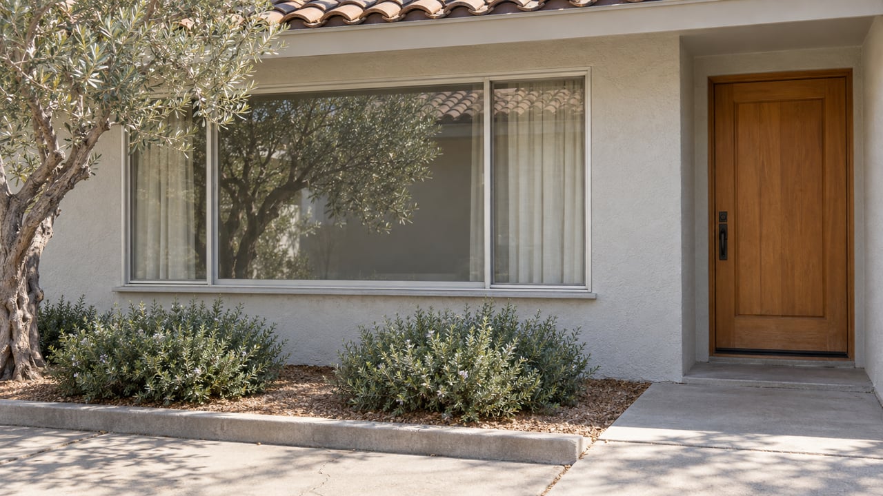 Single-story stucco house with a large picture window, wood entry door, tiled eave, and raised planting bed.