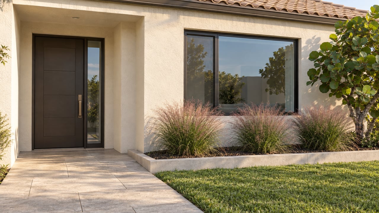 Stucco house with a recessed bronze door, large dark-framed window, tiled roof, and tropical landscaping.