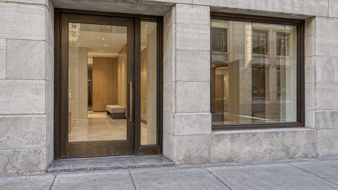 Close view of a limestone condominium entrance with bronze-framed glass, a pale oak lobby, and weathered concrete sidewalk.