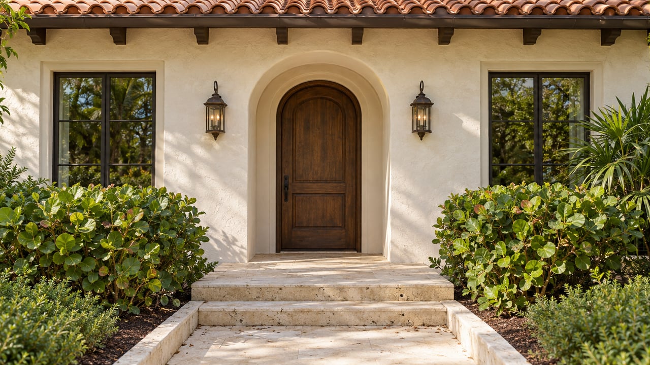Cream stucco house entry with an arched wooden door, flanking windows, terracotta roof, and limestone steps.