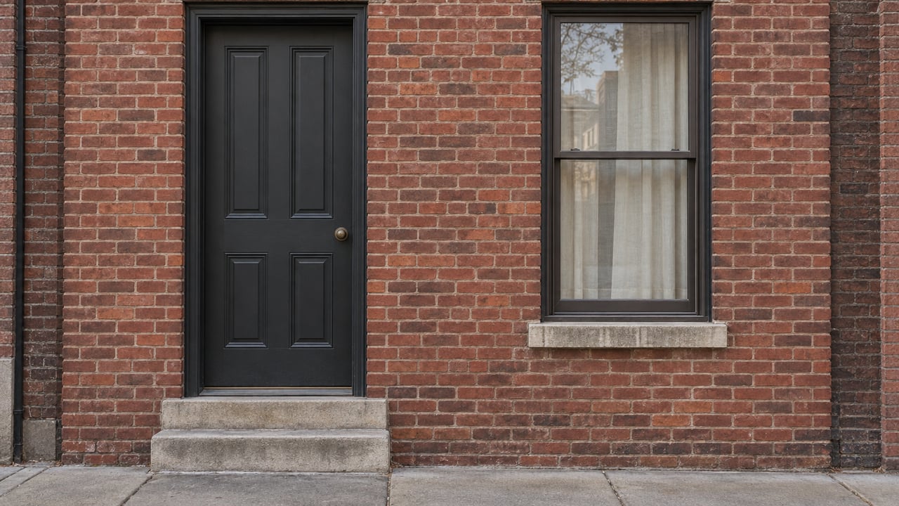 Red-brown brick rowhouse facade with a dark paneled door, tall curtained window, and worn limestone steps.