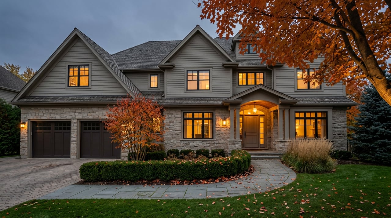 Suburban stone-and-siding house glows at dusk, framed by an uplighted orange-red maple and curved walkway.