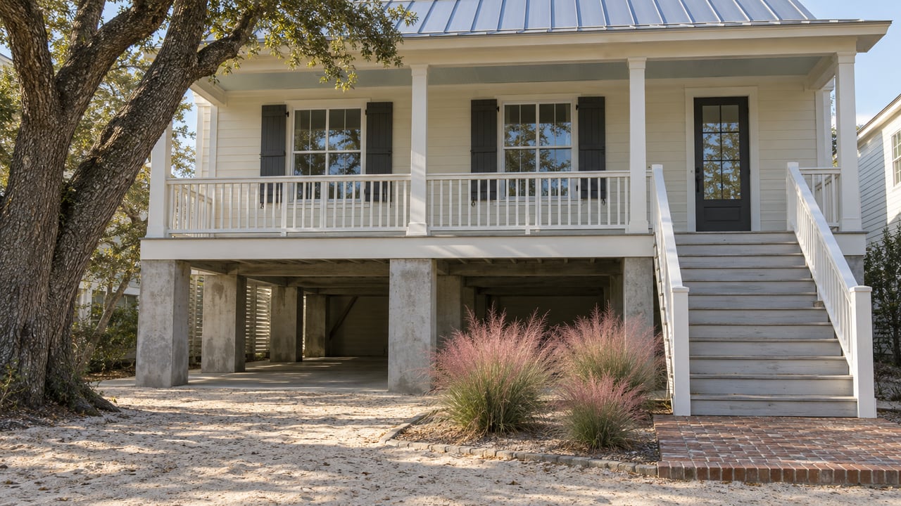 Raised cream clapboard home with a broad porch, brick stair landing and pink muhly grass beside a sandy approach.
