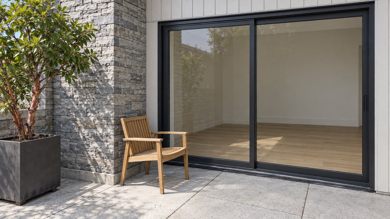 Close view of a condominium terrace with pale concrete paving, a stone wall, closed dark-framed glass doors, a wood chair and a strawberry tree in a charcoal planter.