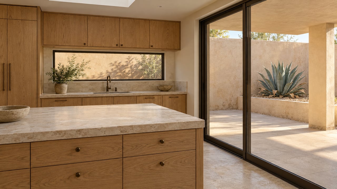 White oak kitchen cabinetry and a honed limestone island beside closed sliding glass doors overlooking a covered stucco terrace and a blue-gray agave.