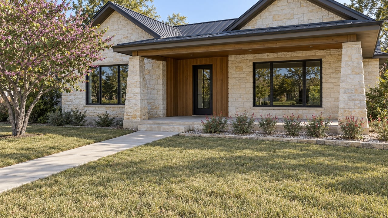 A limestone home with charcoal metal gables, black-framed windows, and a shaded porch beyond a deep lawn and concrete walk.