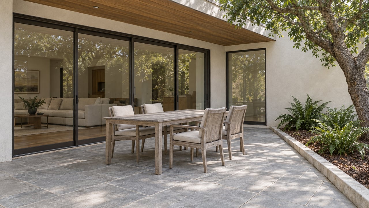 Covered patio with weathered teak dining furniture, limestone paving, cedar soffit and broad glass doors beside a mature oak.