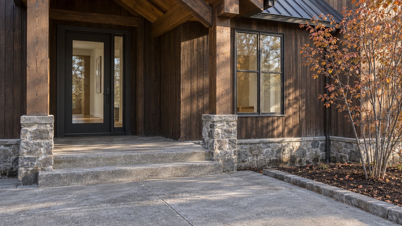 Recessed timber porch of an attached home with dark wood siding, stone foundation, glazed entrance and copper-leaved serviceberry.
