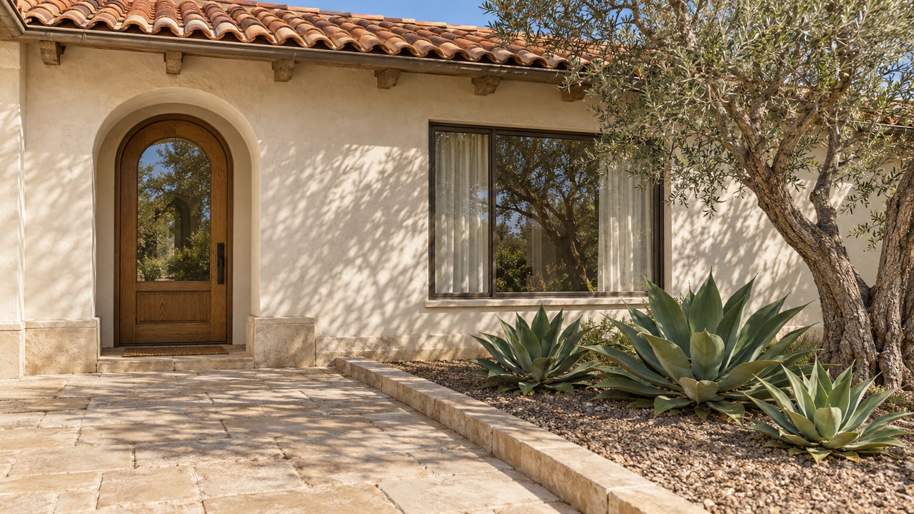 Warm stucco home with a clay-tile roof, glazed arched oak door, sandstone approach, and an olive tree above agave planting.