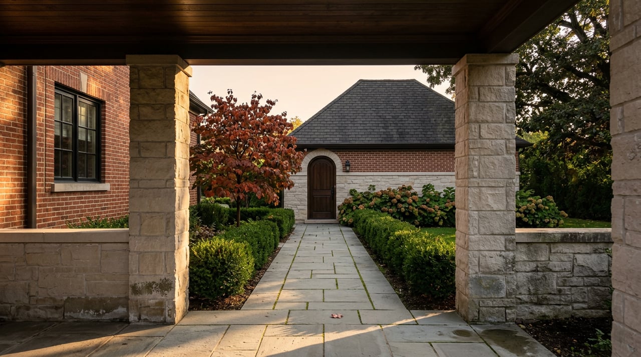 Limestone piers frame a bluestone path lined with clipped hedges, leading to a detached brick-and-stone building.