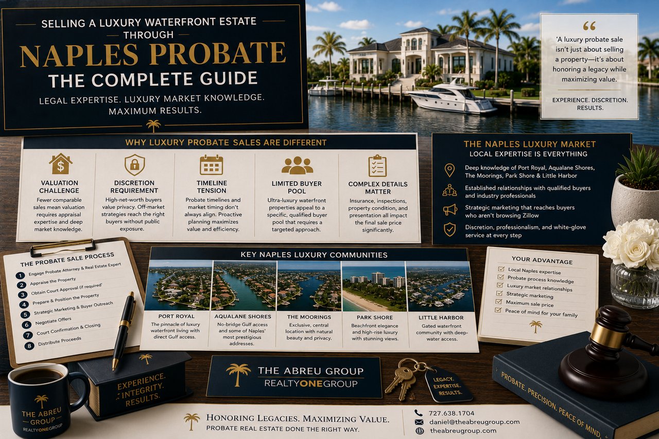 Luxury waterfront estate in Naples, Florida, illustrating the probate real estate process for high-value homes in communities such as Port Royal, Aqualane Shores, The Moorings, and Park Shore.