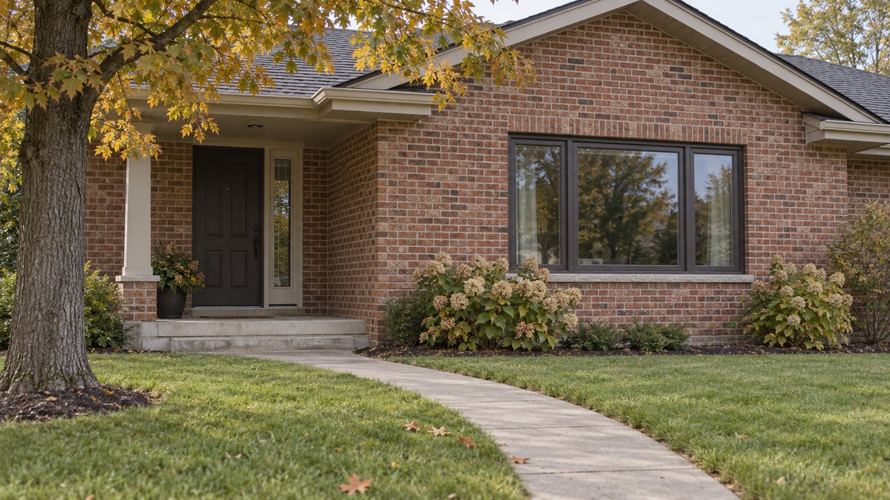 Brick suburban house with a recessed porch, three-part window, curved walk, and bronze-yellow autumn tree.
