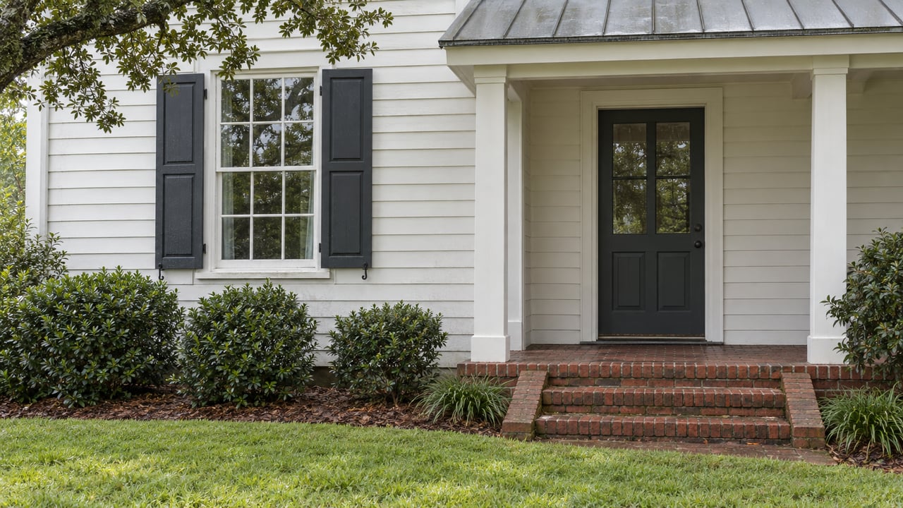 White clapboard home with paired dark shutters, a sheltered entrance, and damp brick steps beside a green lawn.