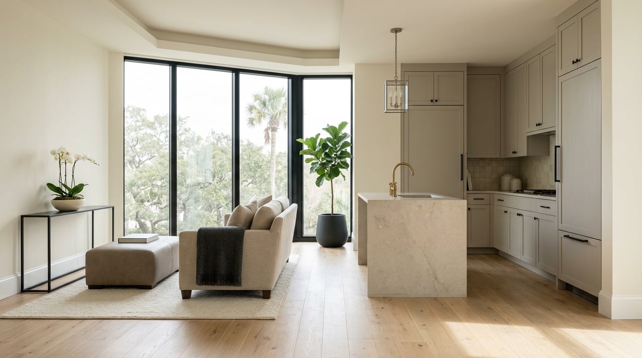 Upscale condo great room with understated finishes and leafy views through large windows.