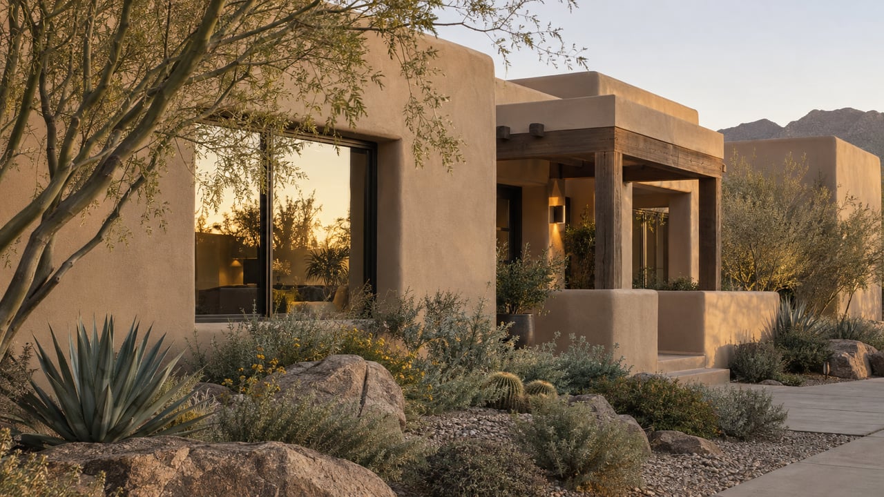 Sand-stucco adobe home with recessed mesquite door, narrow window, sparse desert tree, and two agaves.
