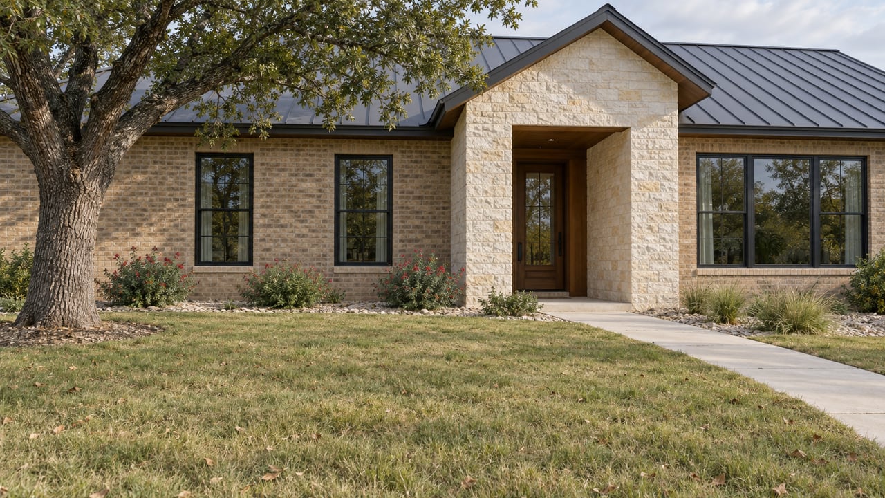 Detached limestone-and-brick home with a recessed oak entry, broad front lawn, and mature oak tree.